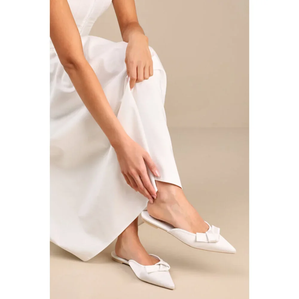 Lulus Kally White Satin Knotted Mule Flats - Size 6